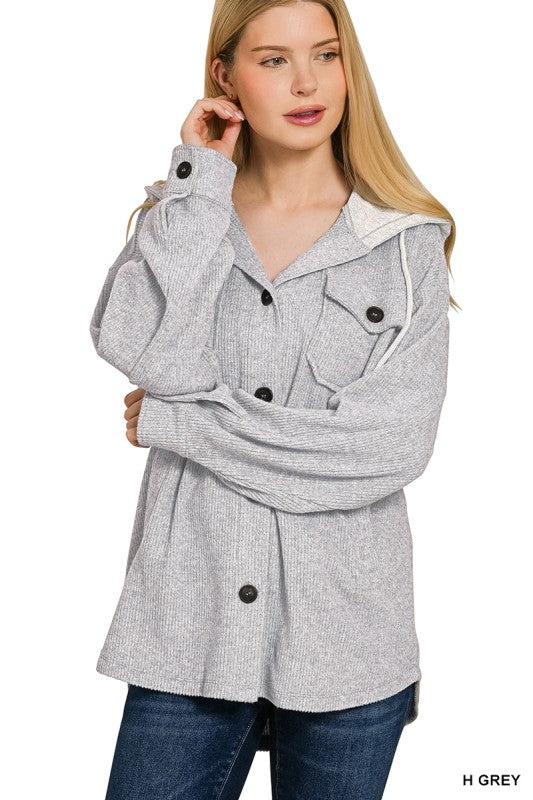 Brushed Rib Hooded Button Down Shacket