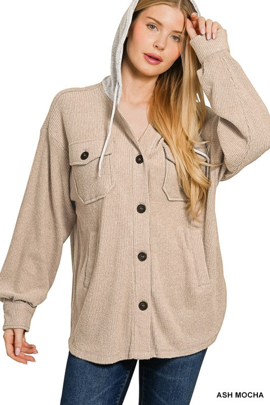 Brushed Rib Hooded Button Down Shacket