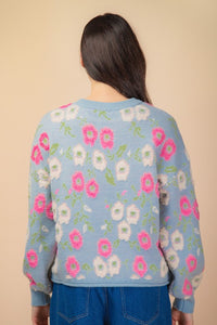 Oversized Floral Textured Printed Knit Sweater Top