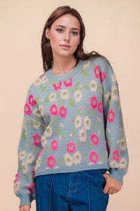 Oversized Floral Textured Printed Knit Sweater Top