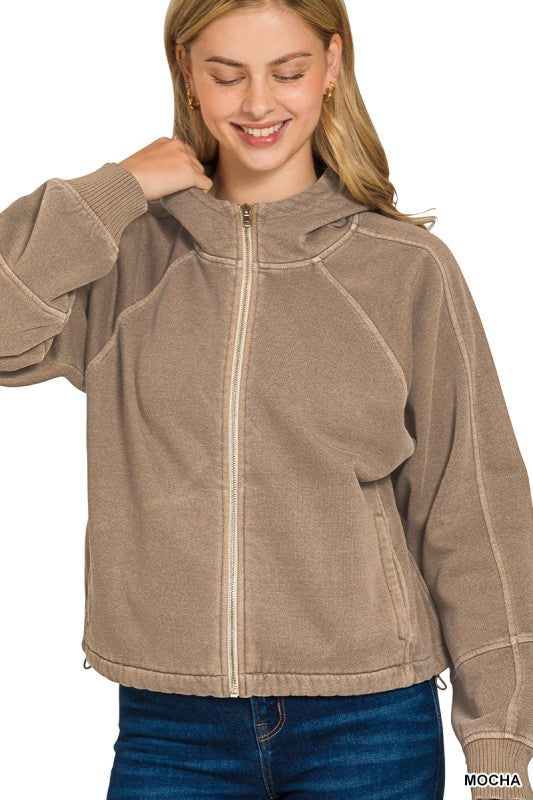 Fleece Pigment Dye Zip Up Hoodie W Pockets