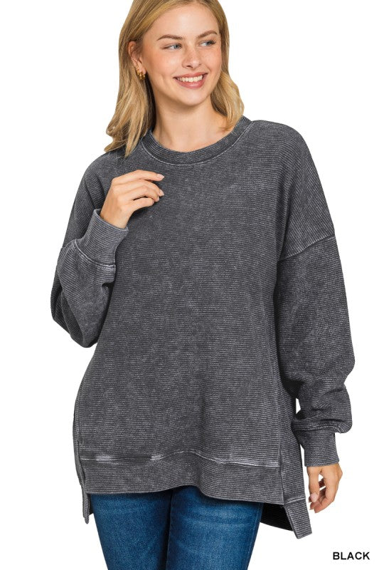 Acid Washed Double Ribbed Hi-low Pullover