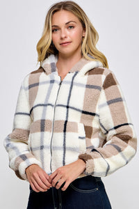 Plus Size Plaid Sherpa Zip Up Hoodie Jacket