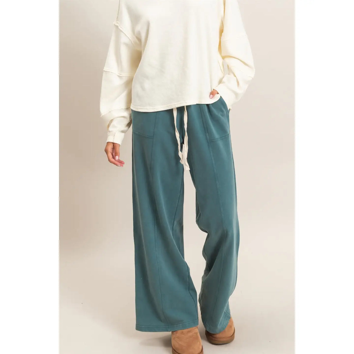 Acid Wash Drawstring Waist Wide Leg Pants