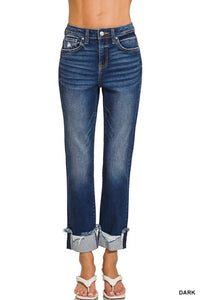 Cuffed Distressed Hem Denim Pants