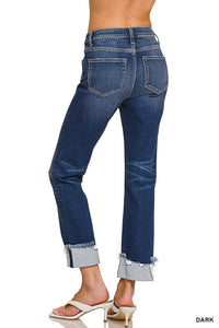 Cuffed Distressed Hem Denim Pants