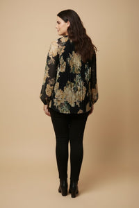 Floral Pleated Tie Neck Blouse