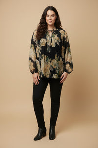 Floral Pleated Plus Tie Neck Blouse