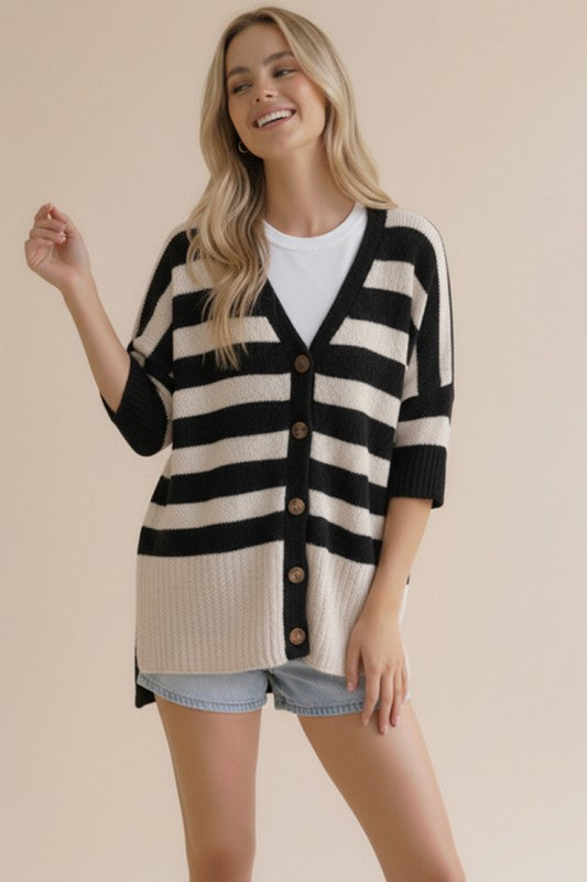 Stripe Popcorn Button Down Oversized Cardigan