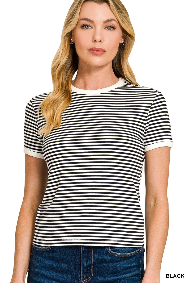 Striped Contrast Trim Rib Banded Tee