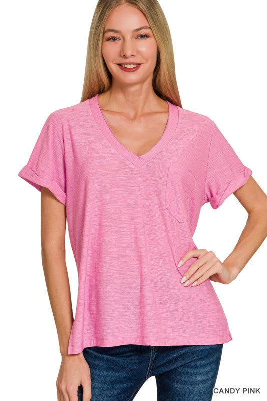 Slub Rolled Short Sleeve V-neck Tee
