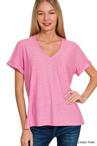 Slub Rolled Short Sleeve V-neck Tee