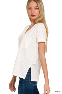 Slub Rolled Short Sleeve V-neck Tee