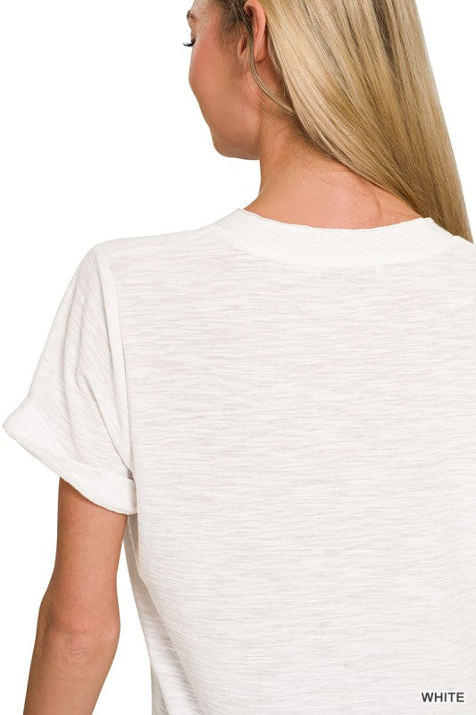 Slub Rolled Short Sleeve V-neck Tee