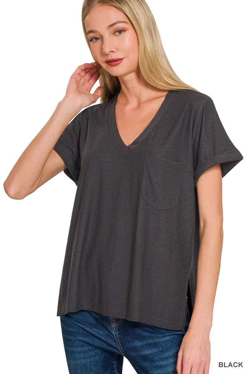 Slub Rolled Short Sleeve V-neck Tee