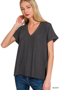 Slub Rolled Short Sleeve V-neck Tee