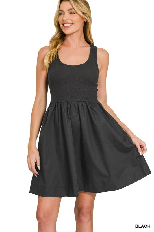 Combined Knit & Woven Dress With Pocket