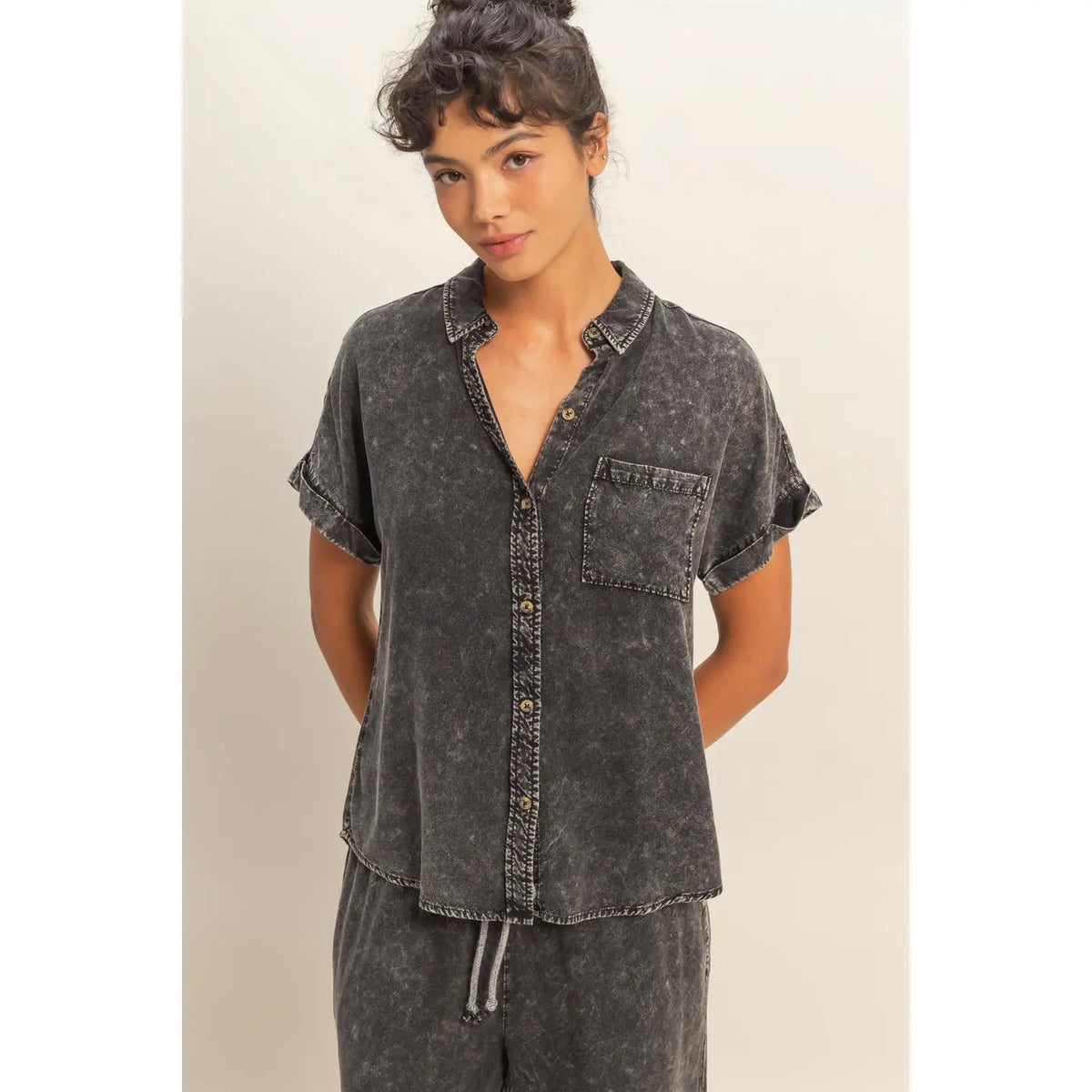 Mineral Wash Button-Up Dolman Sleeve Shirt