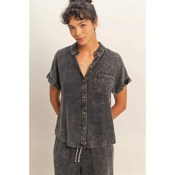 Mineral Wash Button-Up Dolman Sleeve Shirt