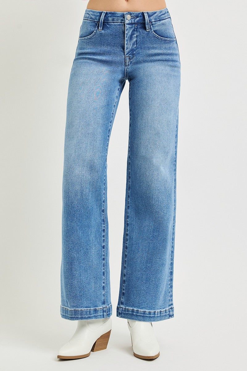 Risen Tummy Control Mid Rise Wide Leg Jeans