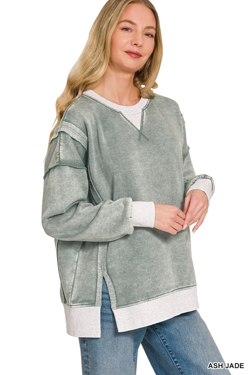 Fleece Acid Washed Contrast Trim Pullover