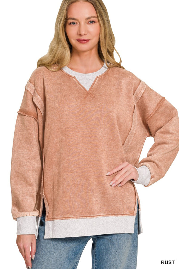 Fleece Acid Washed Contrast Trim Pullover