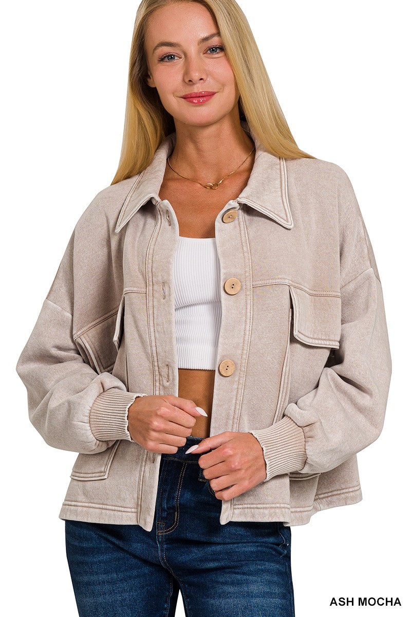 Acid Washed Fleece Front Pocket Cropped Shacket