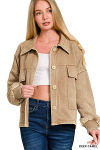 Acid Washed Fleece Front Pocket Cropped Shacket