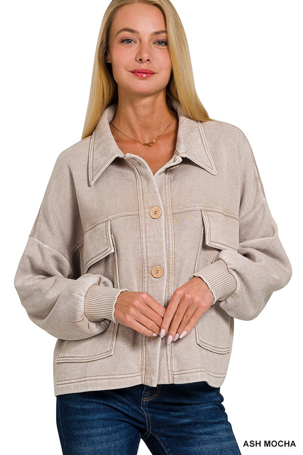 Acid Washed Fleece Front Pocket Cropped Shacket
