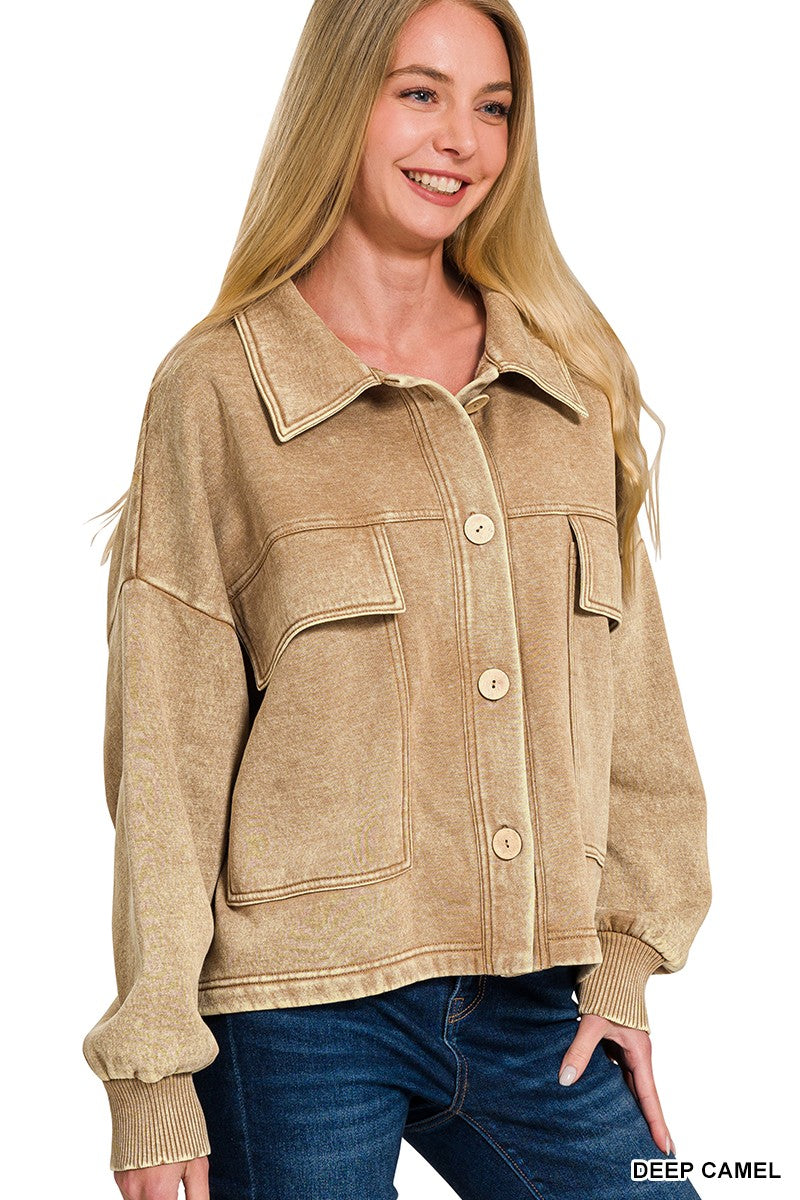 Acid Washed Fleece Front Pocket Cropped Shacket
