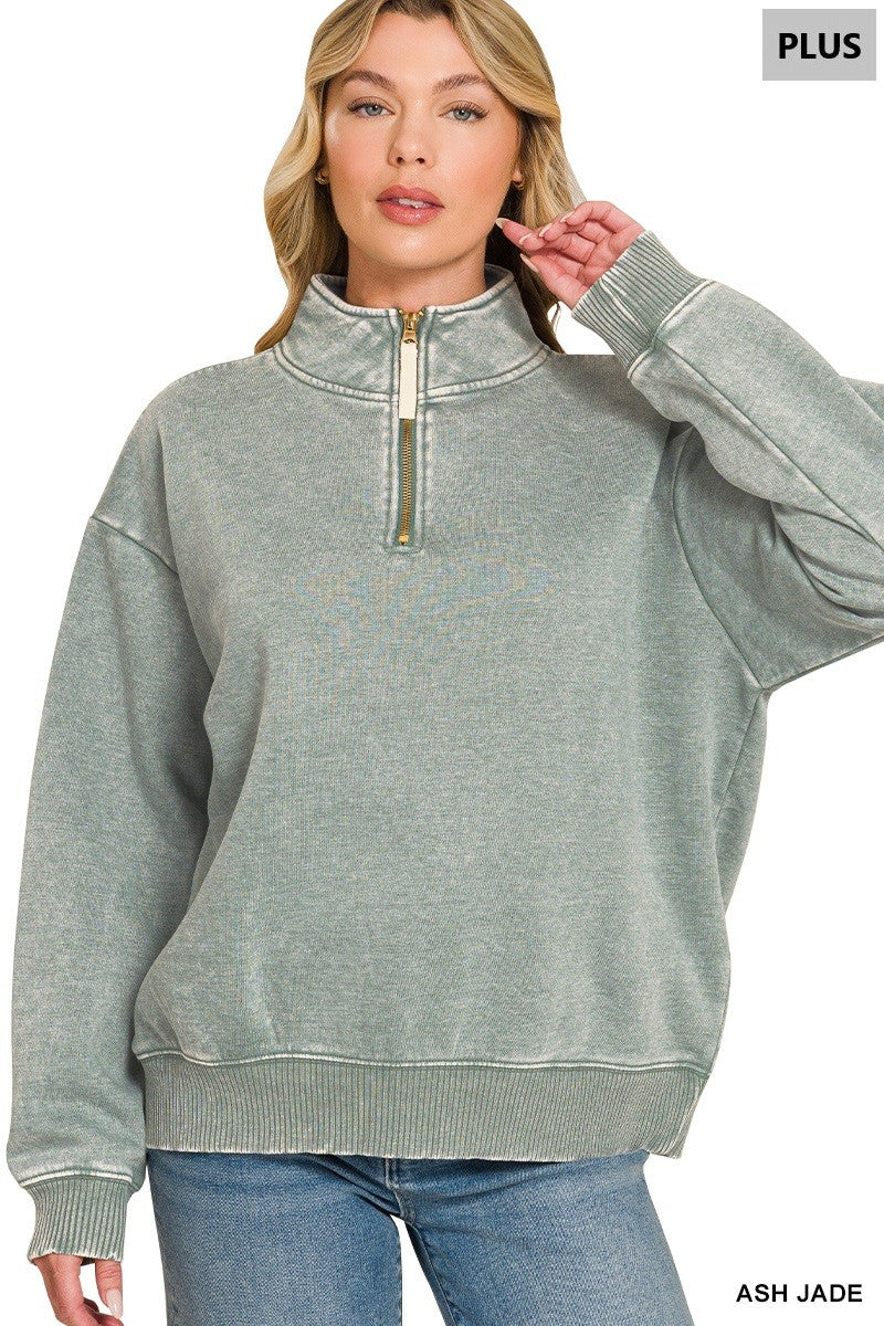 Acid Wash Fleece Half Zip Plus Sweatshirt