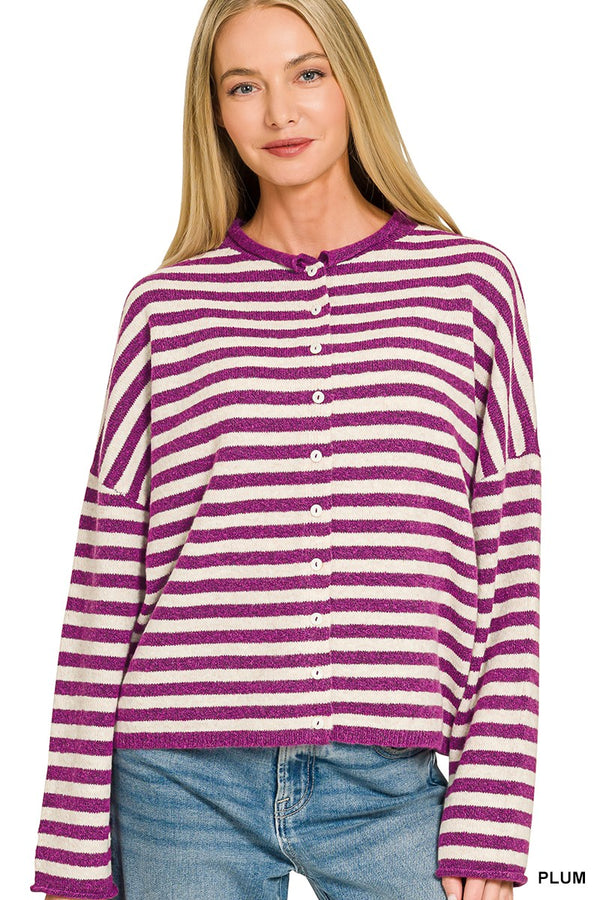 Striped Wool Blend Rolled Edge Button-down Sweater Cardigan