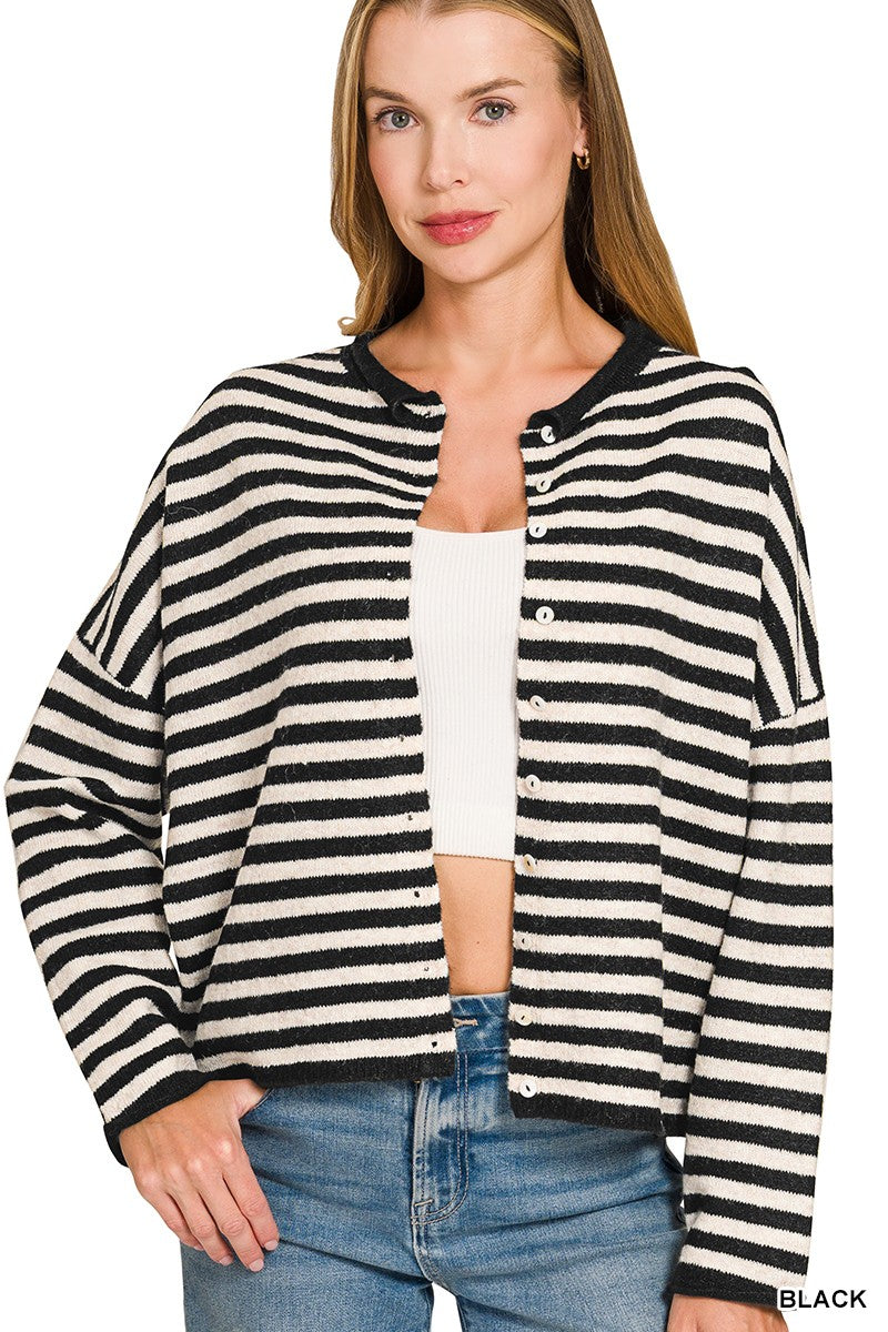 Striped Wool Blend Rolled Edge Button-down Sweater Cardigan