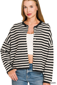 Striped Wool Blend Rolled Edge Button-down Sweater Cardigan