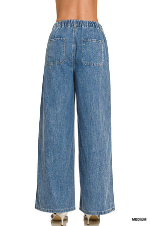 Wide Leg Drawstring Elastic Waistband Denim Pants
