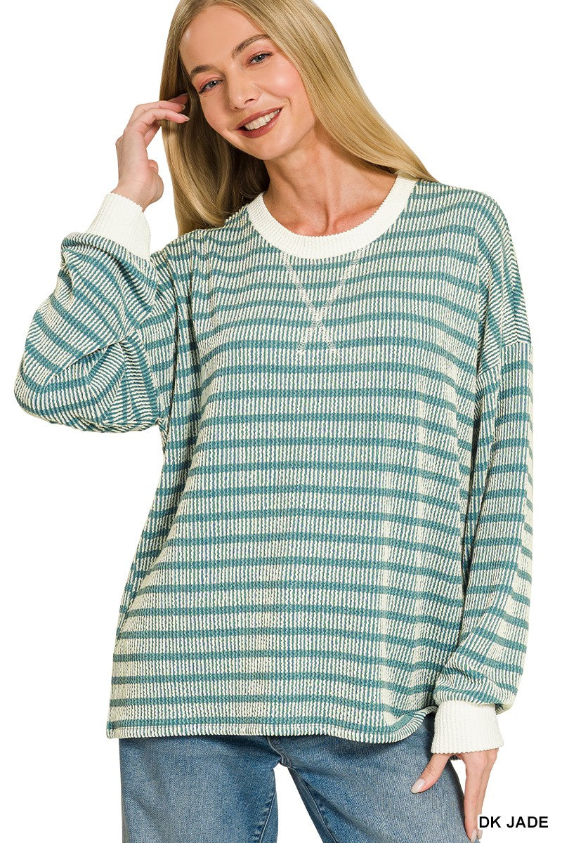 Raised Rib Striped Round Neck Pullover