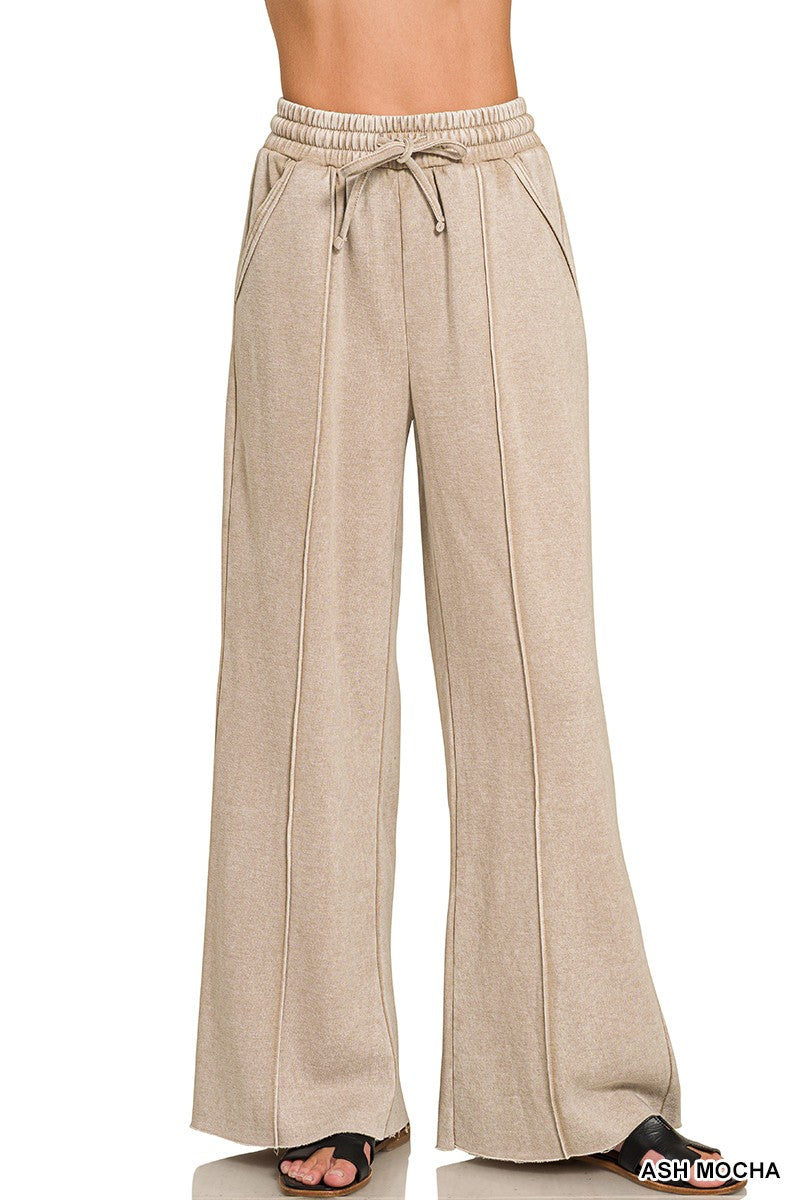 Acid Washed Fleece Pintuck Wide Leg Pants