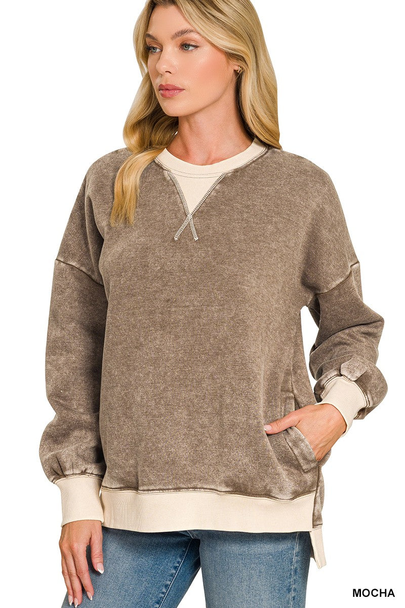 Fleece Acid Washed Contrast Trim Sweatshirts