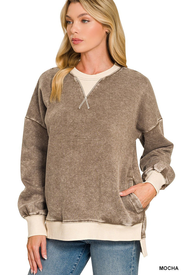 Fleece Acid Washed Contrast Trim Sweatshirts