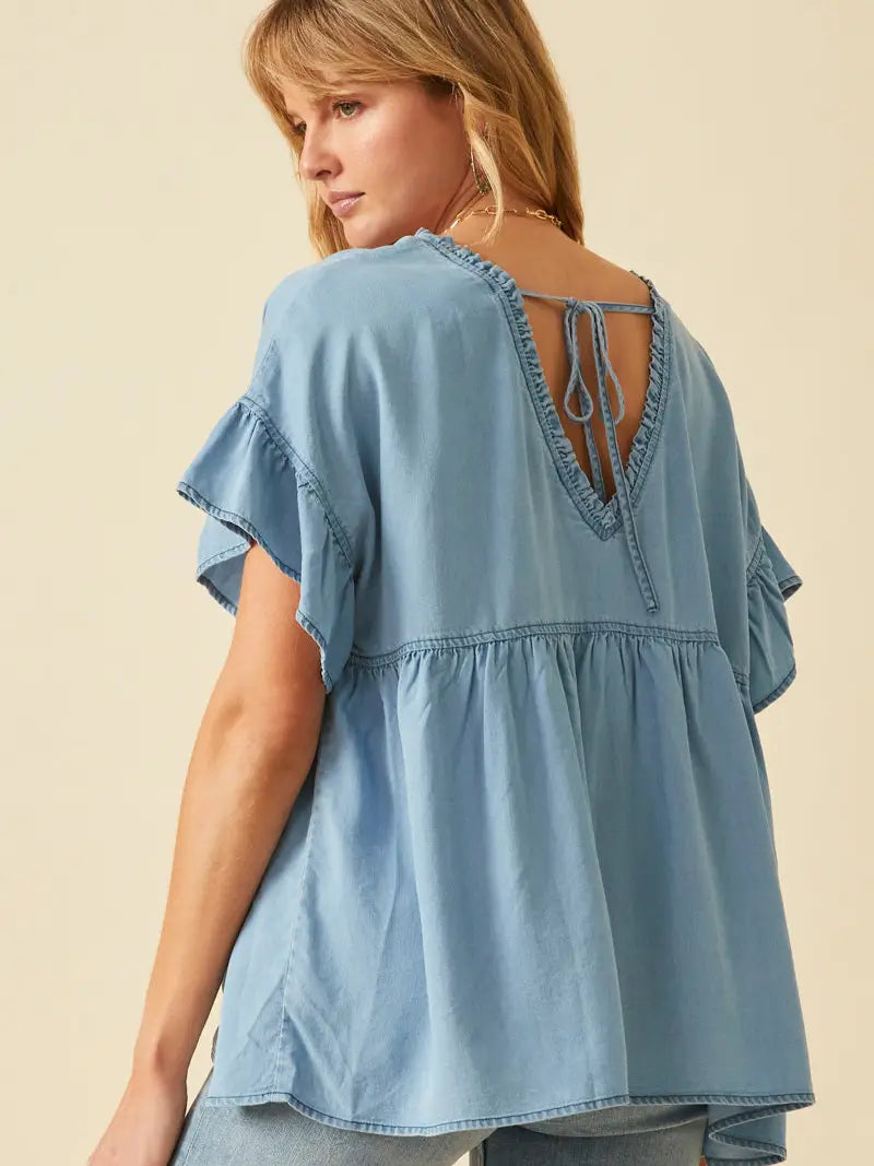 Tencel Frayed Double V Neck Top