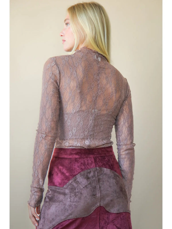 High Neck Fitted Sheer Mesh Lace Knit Top