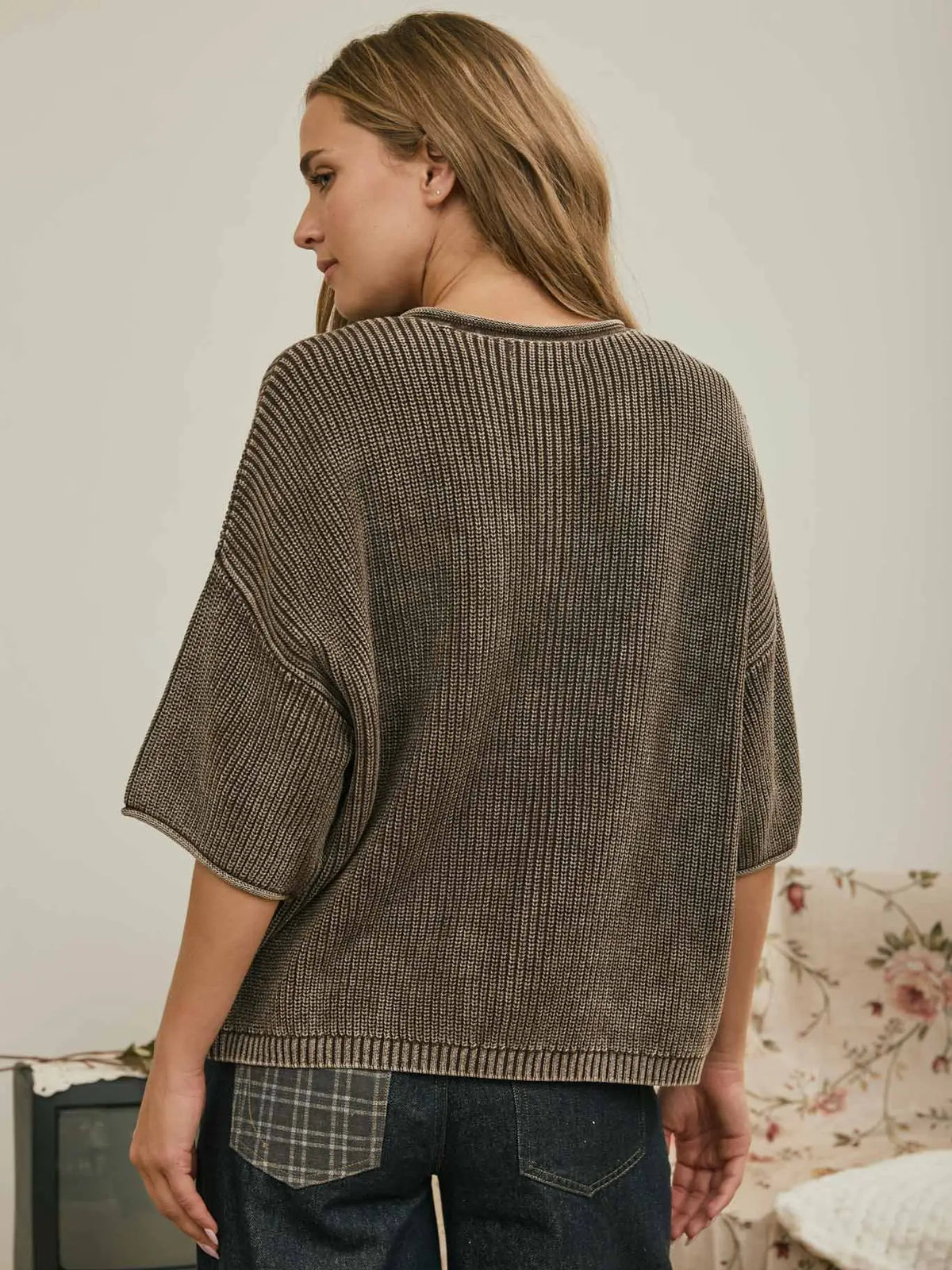 Washed Ribbed Short Sleeve Rolled Edge Cardigan