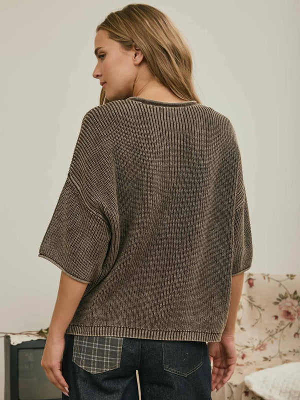 Washed Ribbed Short Sleeve Rolled Edge Cardigan