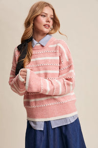 Striped Open-Stitch Pullover Sweater