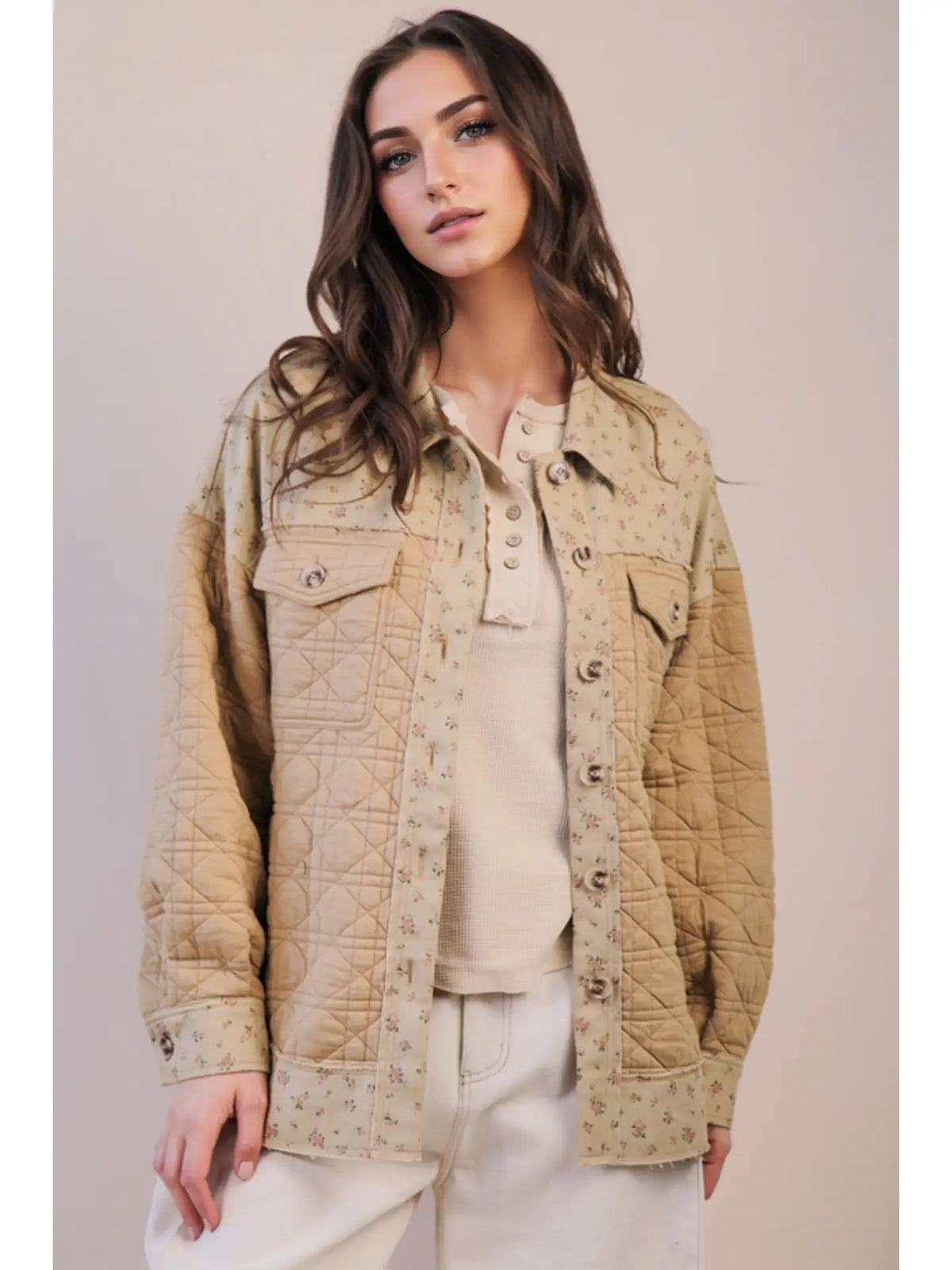 Oversized Floral Printed Contrast Cotton Jacket
