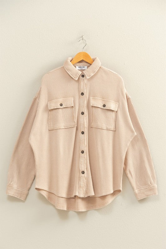 Oversized Mineral Washed Waffle Button Up Shacket