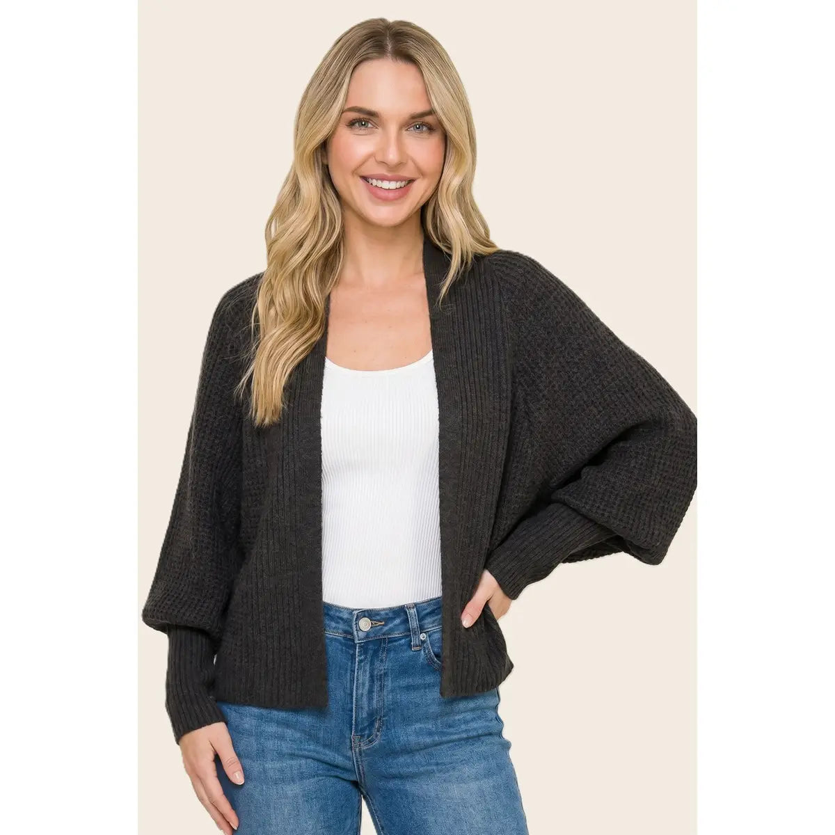 Waffle Batwing Dolman Sleeve Cardigan