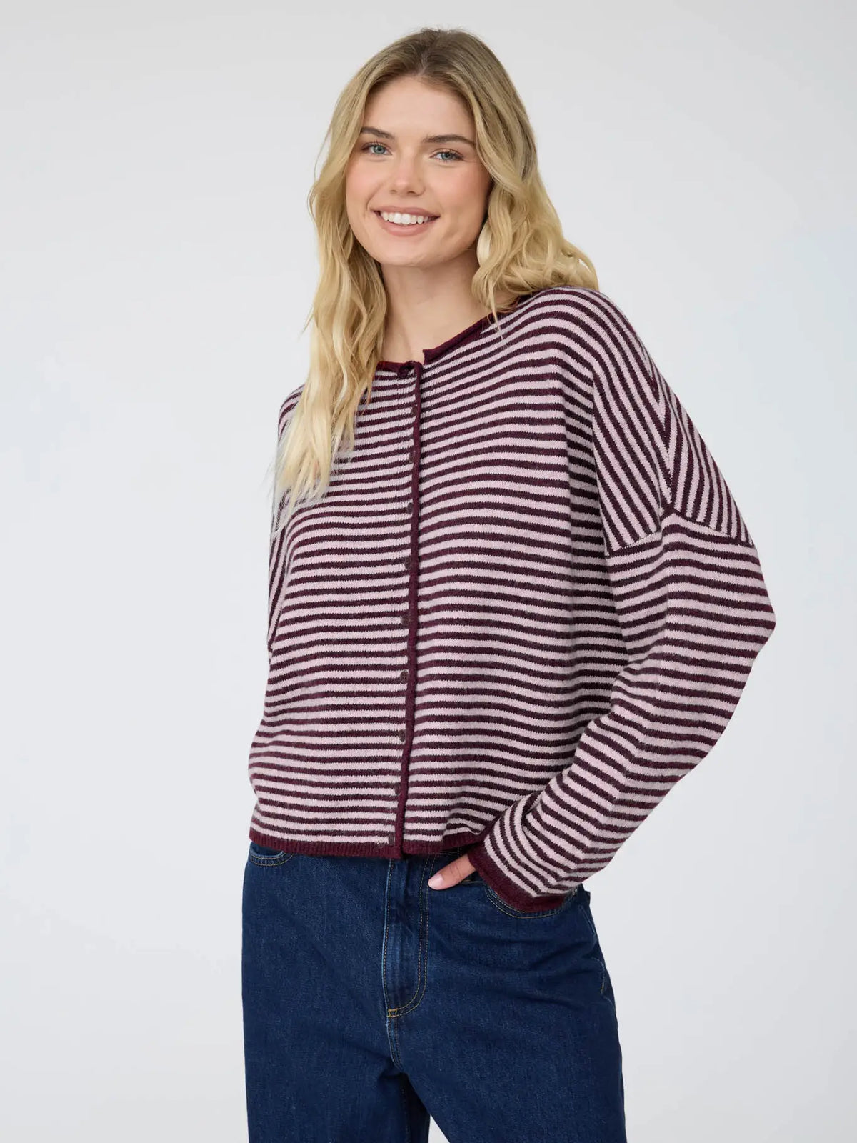 Stripe Raw Edge Button Down Long Sleeve Cardigan