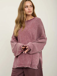 Washed Raw Edge Crew Neck Drop Sleeve Sweater