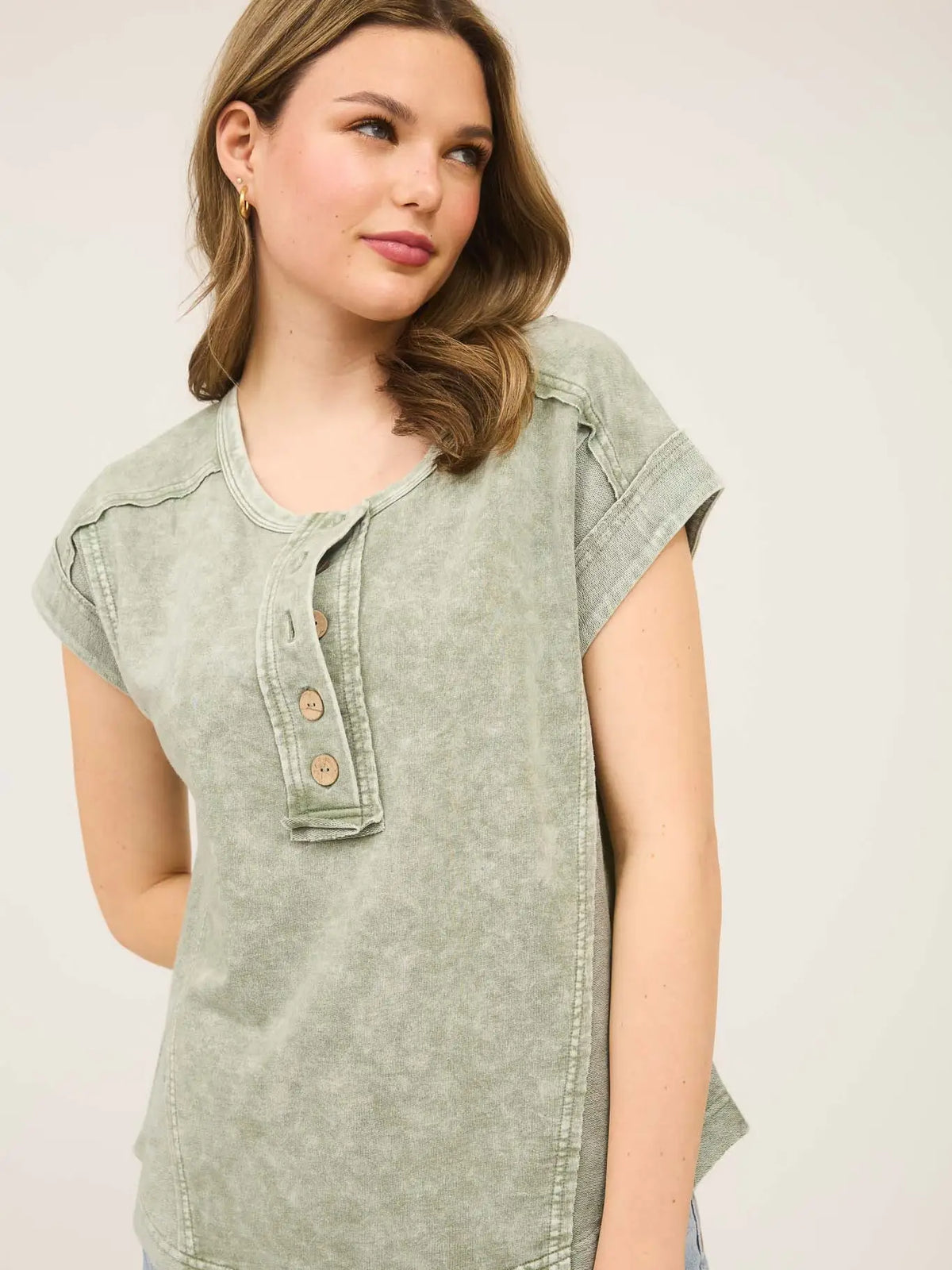 Exposed Seam Short Sleeve Henley Knit Top